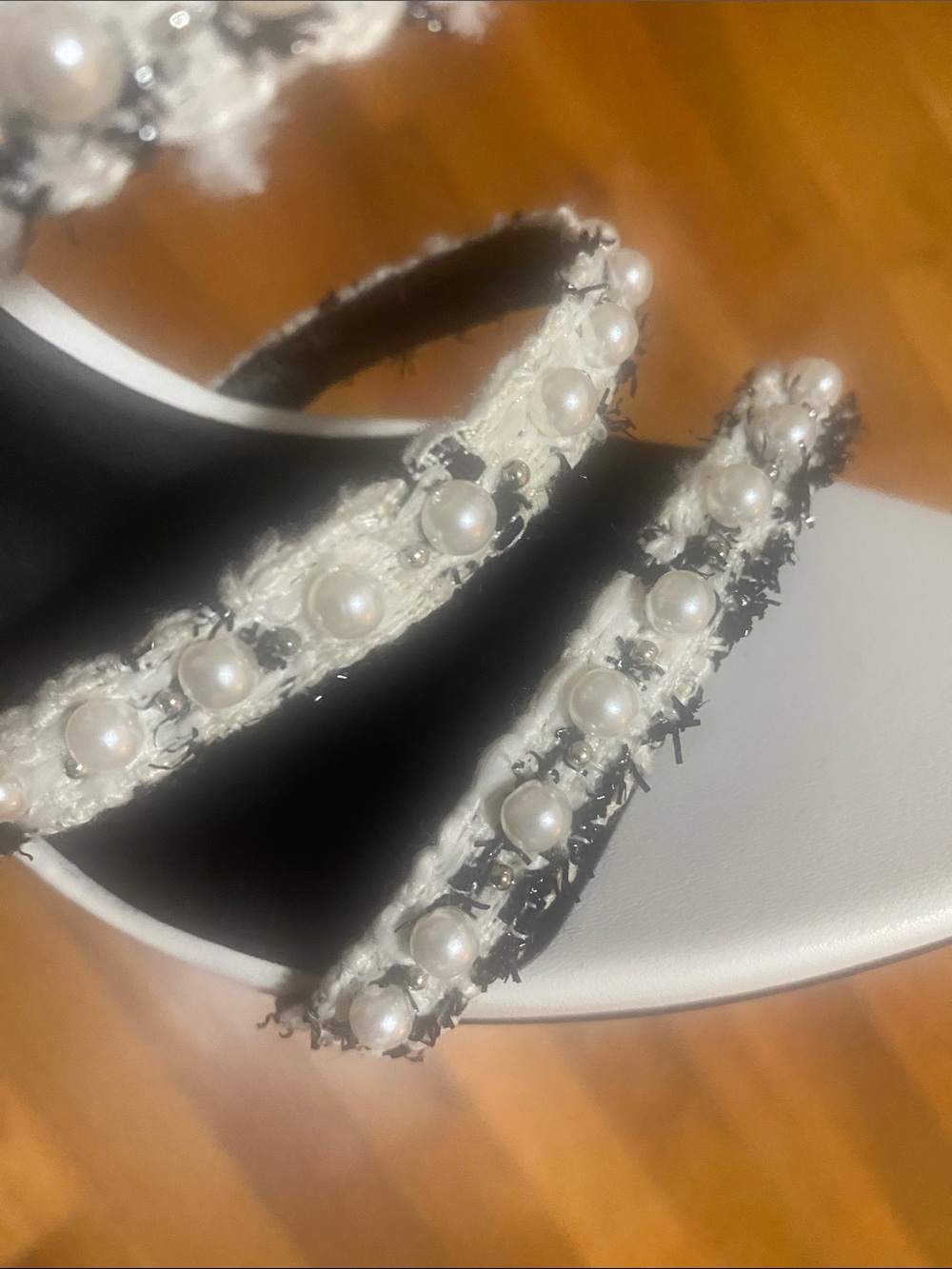 Karl Lagerfeld Black & White Pearl-Accented Tweed Strappy Heels - Picture 2 of 13